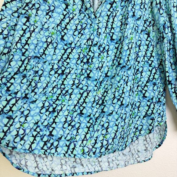 Finley Top Womens Medium Blue Shirt Long Sleeve V Neck Printed Boho Artsy Blouse - Picture 3 of 10